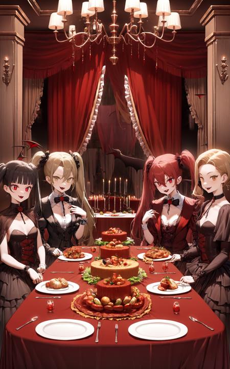 00116-1000-(4girls_1.4), twintails, vampire, wings, banquet, indoors, curtains, indoors.png